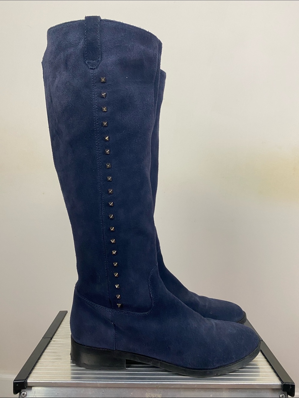 Marc Fisher Navy Suede Knee High Riding Boots with Stud Trim